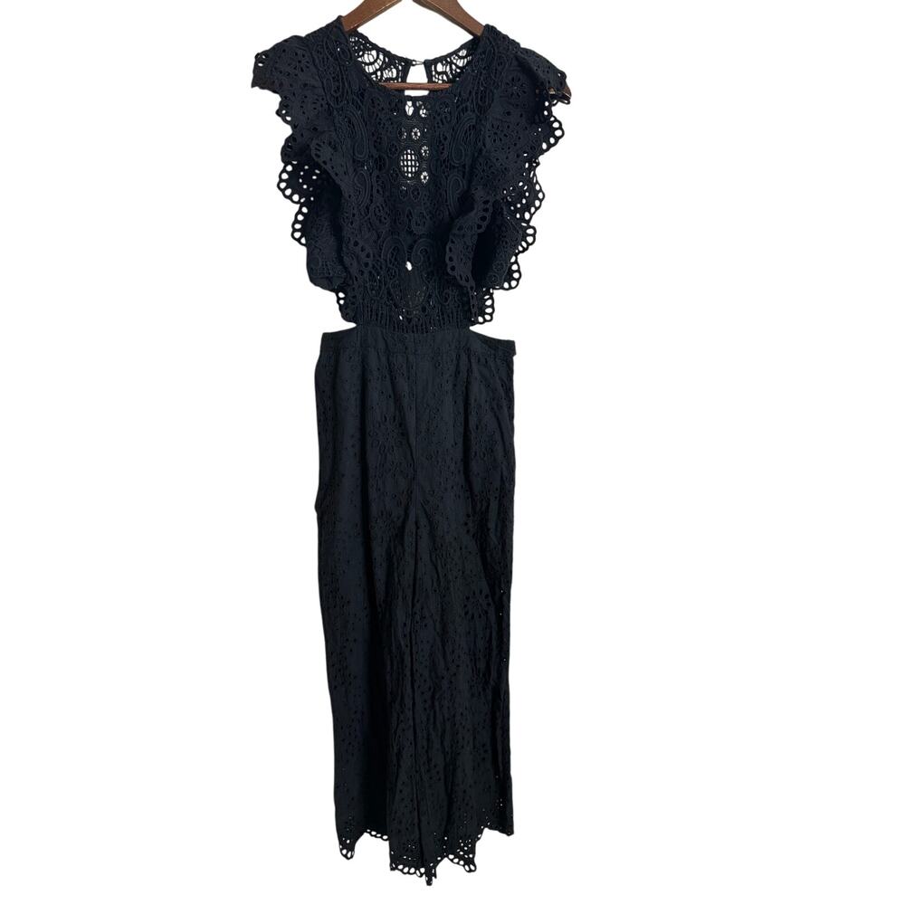 Nightcap Clothing Apron Jumpsuit in Black size 2/S Eyelet Flutter Sleeve - Picture 3 of 16
